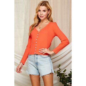 Women's Cotton Blend Long Sleeve Ribbed Knit Cardigan (ORANGE)